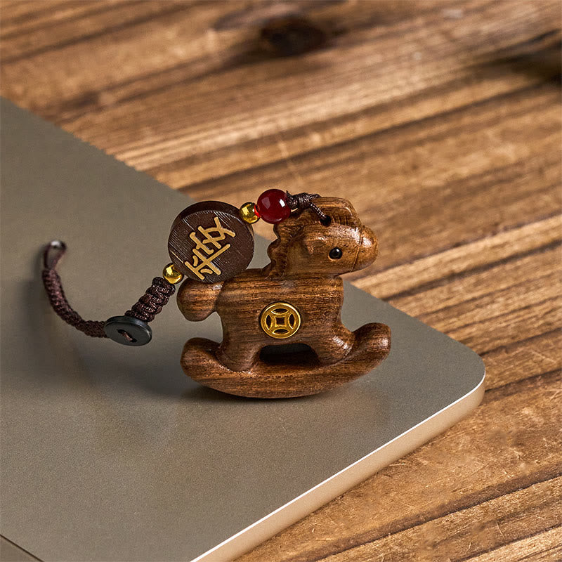 Fortune Jewel Year of the Horse Rainbow Eucalyptus Small Leaf Red Sandalwood Linden Wood Ebony Carved Positive Key Chain - Fortune Jewel