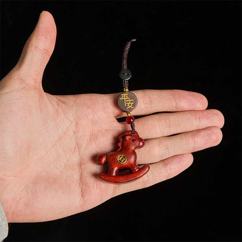 Fortune Jewel Year of the Horse Rainbow Eucalyptus Small Leaf Red Sandalwood Linden Wood Ebony Carved Positive Key Chain - Fortune Jewel