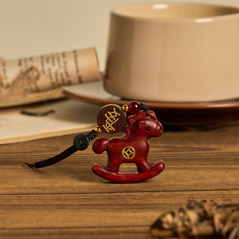 Fortune Jewel Year of the Horse Rainbow Eucalyptus Small Leaf Red Sandalwood Linden Wood Ebony Carved Positive Key Chain - Fortune Jewel