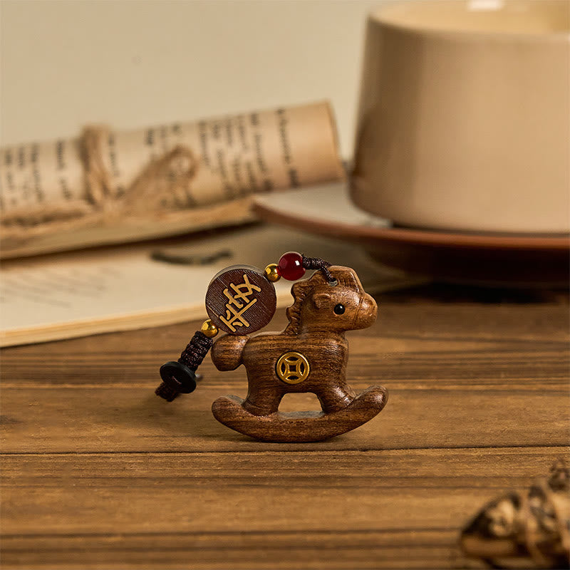 Fortune Jewel Year of the Horse Rainbow Eucalyptus Small Leaf Red Sandalwood Linden Wood Ebony Carved Positive Key Chain - Fortune Jewel