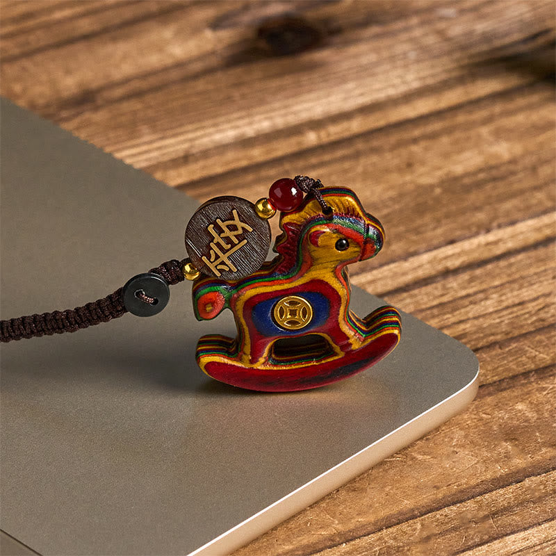 Fortune Jewel Year of the Horse Rainbow Eucalyptus Small Leaf Red Sandalwood Linden Wood Ebony Carved Positive Key Chain - Fortune Jewel
