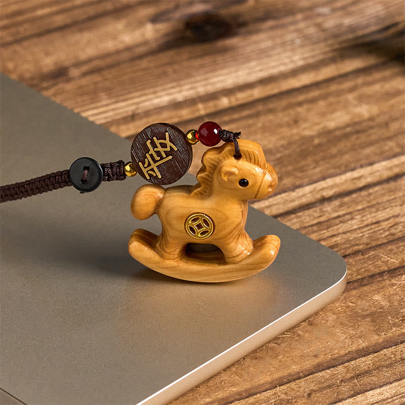 Fortune Jewel Year of the Horse Rainbow Eucalyptus Small Leaf Red Sandalwood Linden Wood Ebony Carved Positive Key Chain - Fortune Jewel