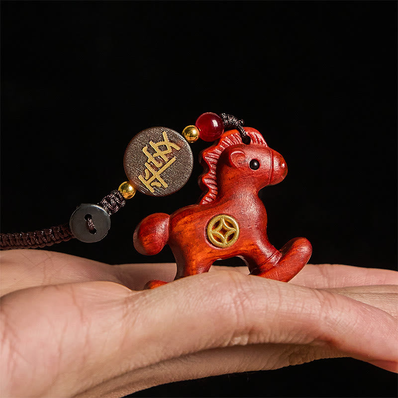 Fortune Jewel Year of the Horse Rainbow Eucalyptus Small Leaf Red Sandalwood Linden Wood Ebony Carved Positive Key Chain - Fortune Jewel