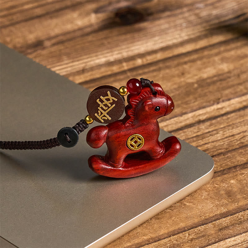 Fortune Jewel Year of the Horse Rainbow Eucalyptus Small Leaf Red Sandalwood Linden Wood Ebony Carved Positive Key Chain - Fortune Jewel