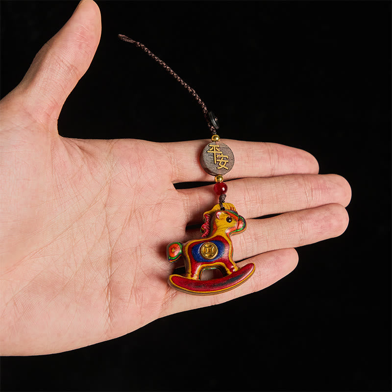Fortune Jewel Year of the Horse Rainbow Eucalyptus Small Leaf Red Sandalwood Linden Wood Ebony Carved Positive Key Chain - Fortune Jewel