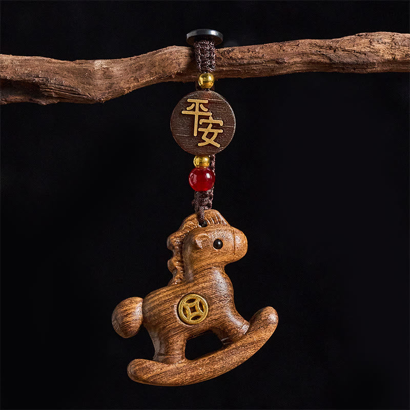 Fortune Jewel Year of the Horse Rainbow Eucalyptus Small Leaf Red Sandalwood Linden Wood Ebony Carved Positive Key Chain - Fortune Jewel