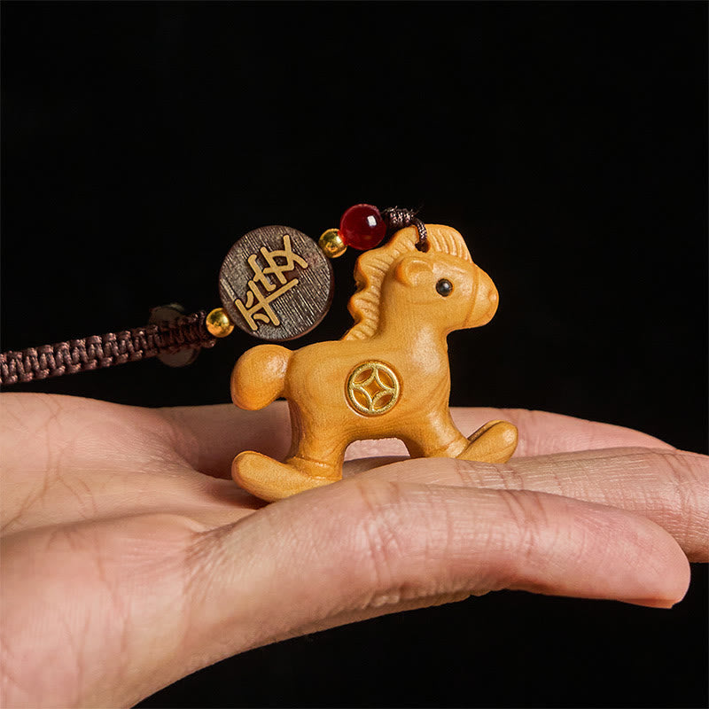 Fortune Jewel Year of the Horse Rainbow Eucalyptus Small Leaf Red Sandalwood Linden Wood Ebony Carved Positive Key Chain - Fortune Jewel