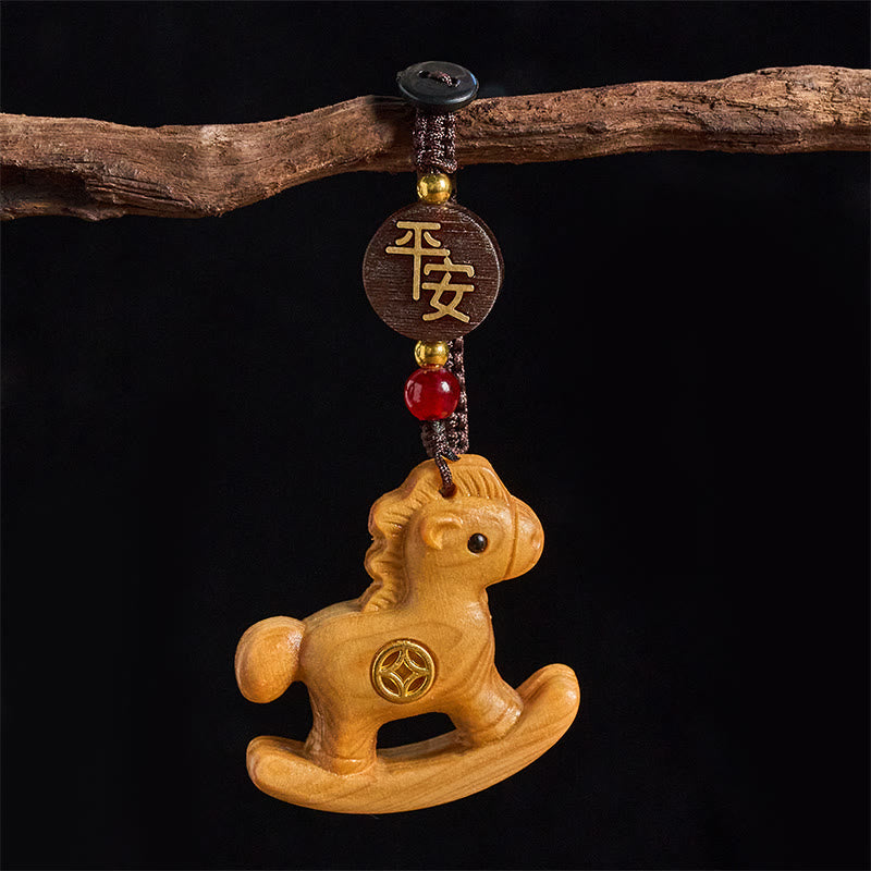 Fortune Jewel Year of the Horse Rainbow Eucalyptus Small Leaf Red Sandalwood Linden Wood Ebony Carved Positive Key Chain - Fortune Jewel