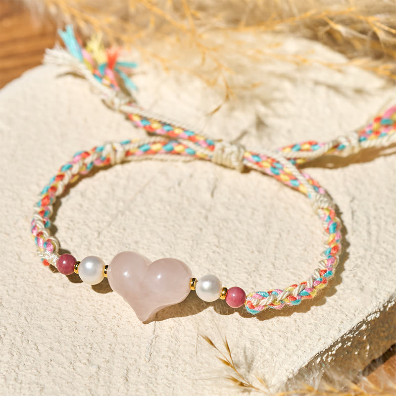 Fortune Jewel Heart Design Pink Crystal Braided Rope Warmth Love Bracelet - Fortune Jewel