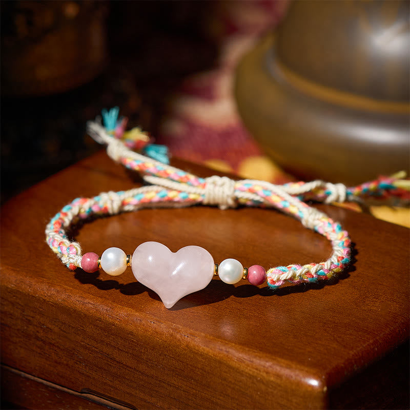 Fortune Jewel Heart Design Pink Crystal Braided Rope Warmth Love Bracelet - Fortune Jewel