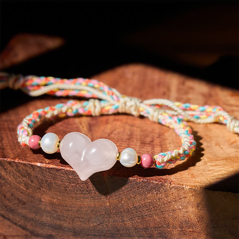 Fortune Jewel Heart Design Pink Crystal Braided Rope Warmth Love Bracelet - Fortune Jewel