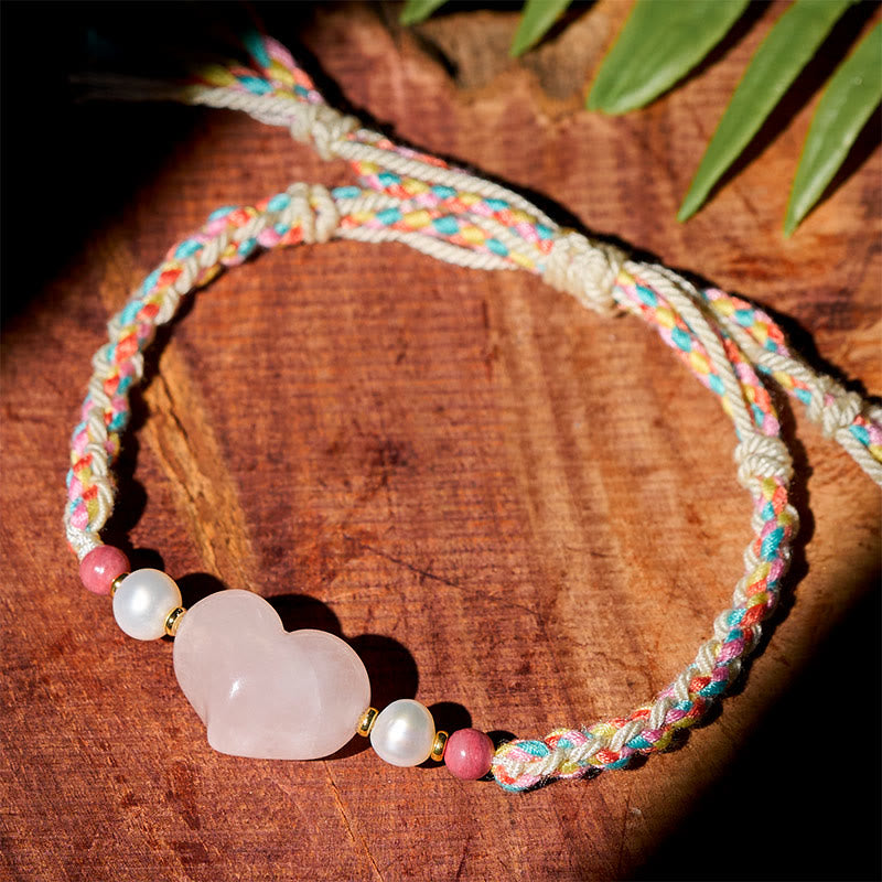 Fortune Jewel Heart Design Pink Crystal Braided Rope Warmth Love Bracelet - Fortune Jewel