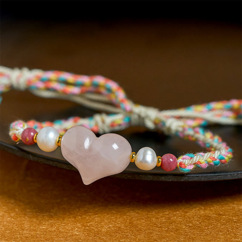 Fortune Jewel Heart Design Pink Crystal Braided Rope Warmth Love Bracelet - Fortune Jewel