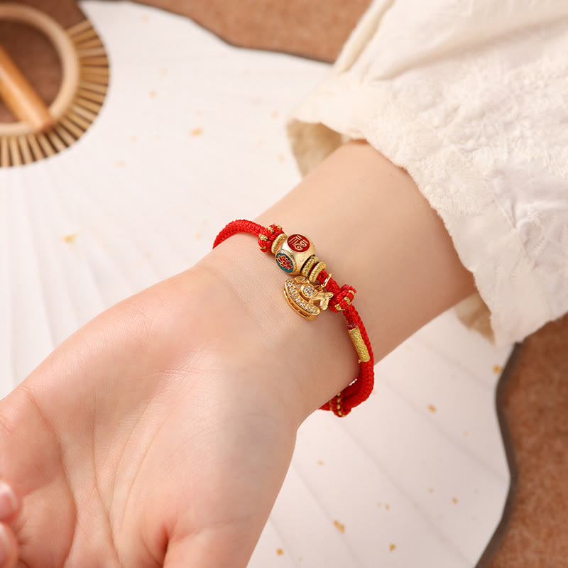 Fortune Jewel Year Of The Horse Copper Red String Fu Character Lotus Luck Bracelet - Fortune Jewel