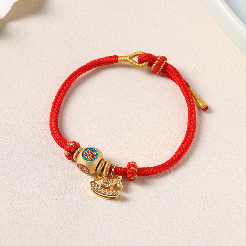 Fortune Jewel Year Of The Horse Copper Red String Fu Character Lotus Luck Bracelet - Fortune Jewel