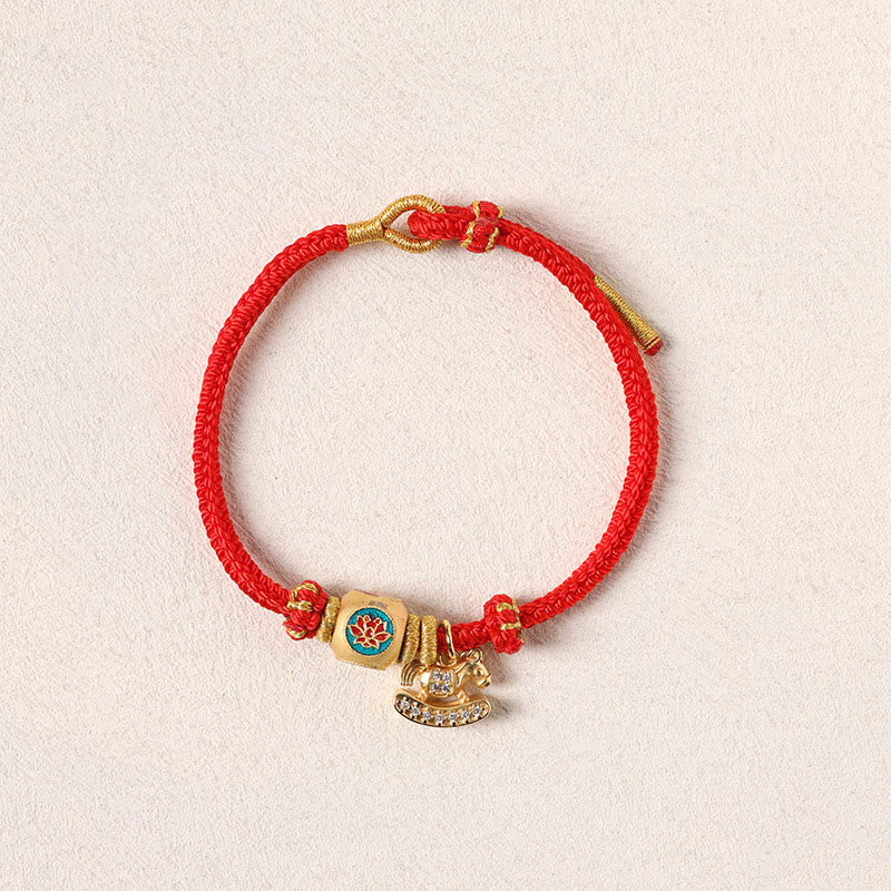 Fortune Jewel Year Of The Horse Copper Red String Fu Character Lotus Luck Bracelet - Fortune Jewel