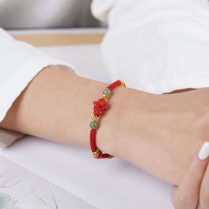 Fortune Jewel Year Of The Horse Cinnabar Hetian Jade Red String Blessing Bracelet - Fortune Jewel