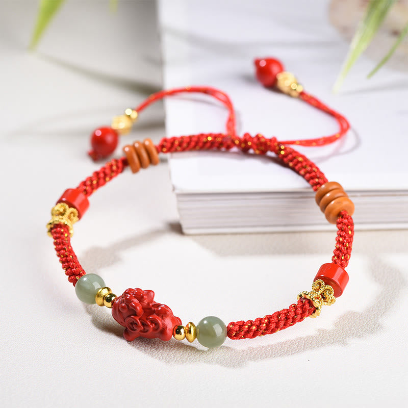 Fortune Jewel Year Of The Horse Cinnabar Hetian Jade Red String Blessing Bracelet - Fortune Jewel