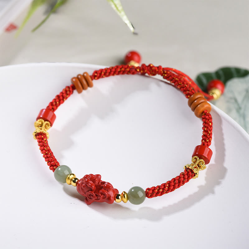 Fortune Jewel Year Of The Horse Cinnabar Hetian Jade Red String Blessing Bracelet - Fortune Jewel