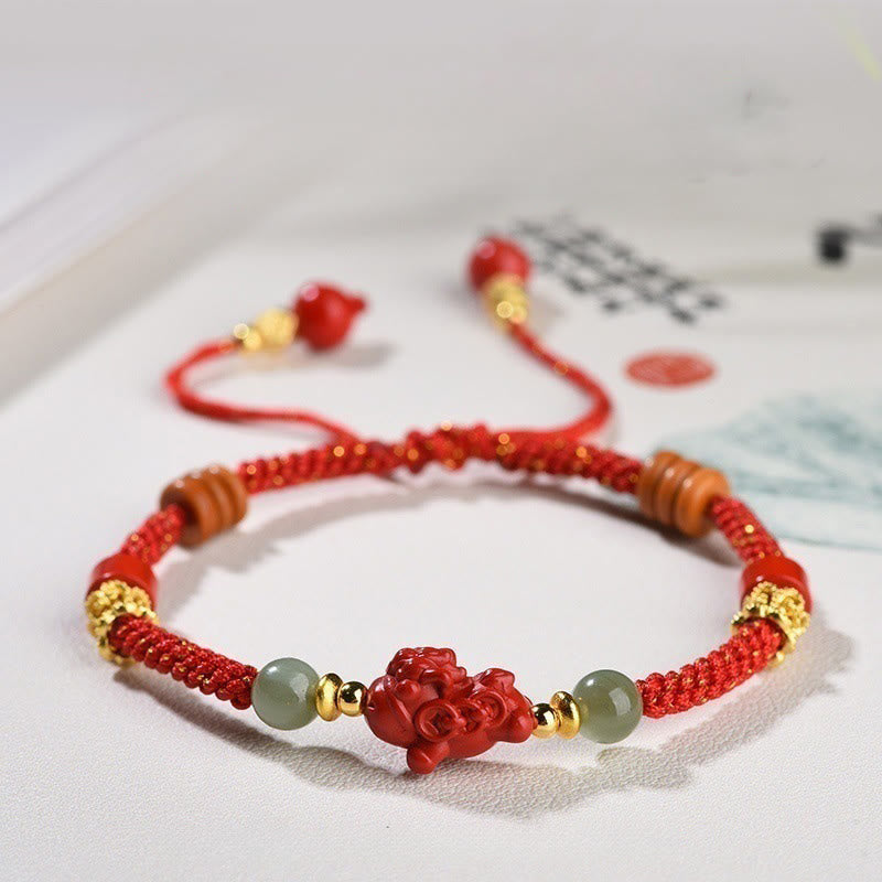 Fortune Jewel Year Of The Horse Cinnabar Hetian Jade Red String Blessing Bracelet - Fortune Jewel