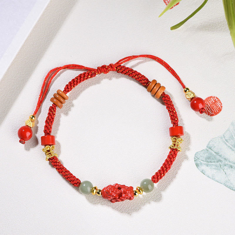 Fortune Jewel Year Of The Horse Cinnabar Hetian Jade Red String Blessing Bracelet - Fortune Jewel