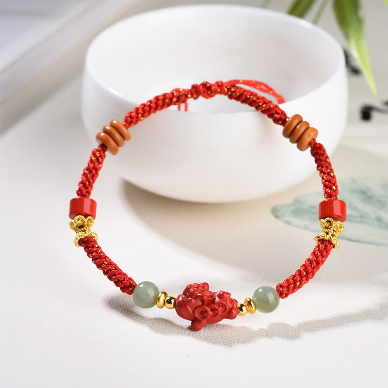 Fortune Jewel Year Of The Horse Cinnabar Hetian Jade Red String Blessing Bracelet - Fortune Jewel