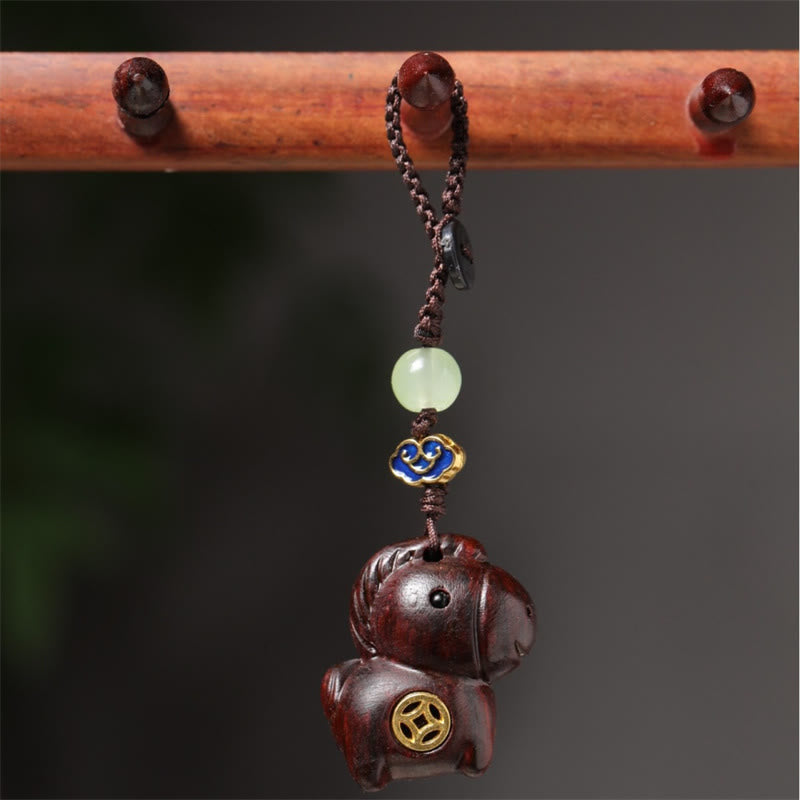 Fortune Jewel "Hoping You Have a Joyful Year" Year of the Horse Rainbow Eucalyptus Small Leaf Red Sandalwood Key Chain Includes Gift Message Card - Fortune Jewel