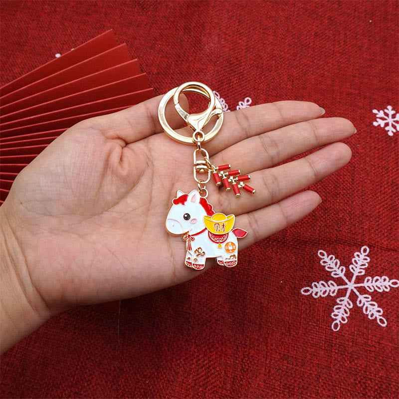 Fortune Jewel "Hoping You Have a Joyful Year" Year of the Horse Ingot Red Firecrackers Alloy Key Chain Includes Gift Message Card