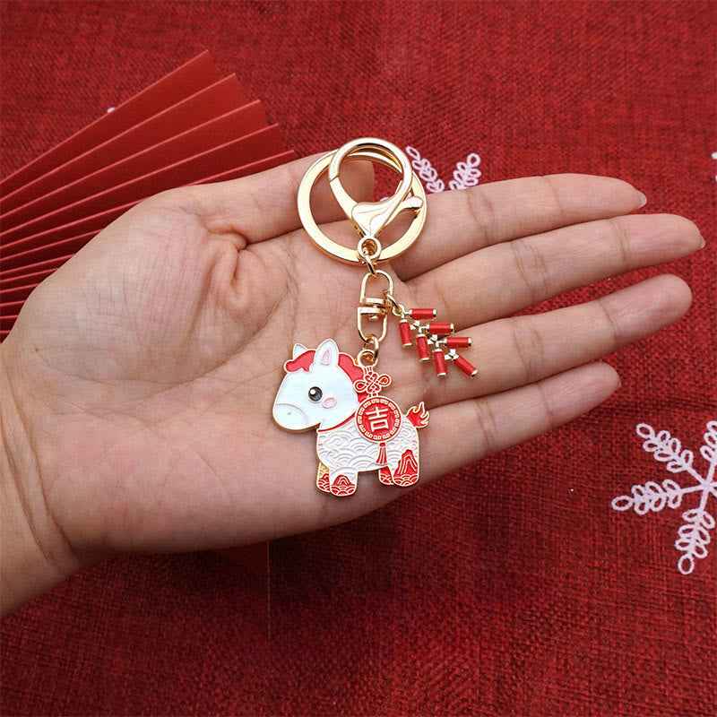 Fortune Jewel "Hoping You Have a Joyful Year" Year of the Horse Ingot Red Firecrackers Alloy Key Chain Includes Gift Message Card