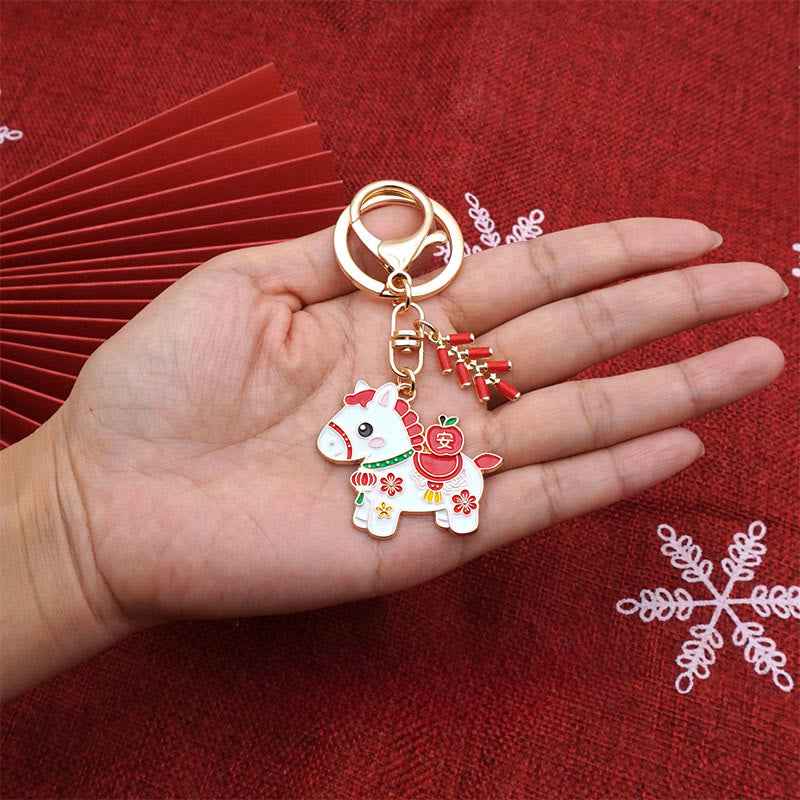 Fortune Jewel "Hoping You Have a Joyful Year" Year of the Horse Ingot Red Firecrackers Alloy Key Chain Includes Gift Message Card