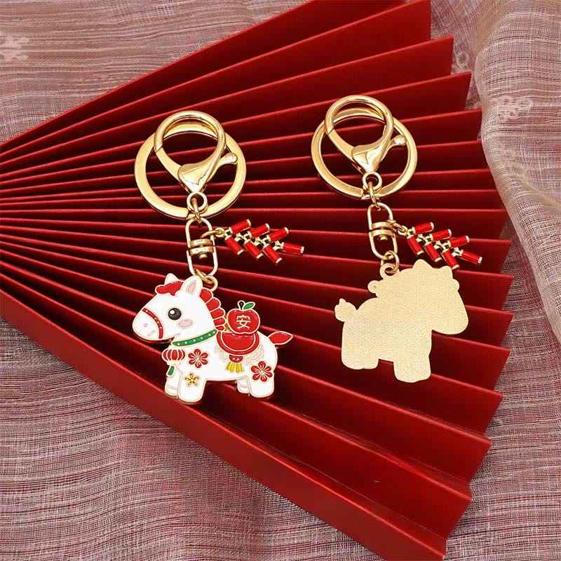 Fortune Jewel "Hoping You Have a Joyful Year" Year of the Horse Ingot Red Firecrackers Alloy Key Chain Includes Gift Message Card