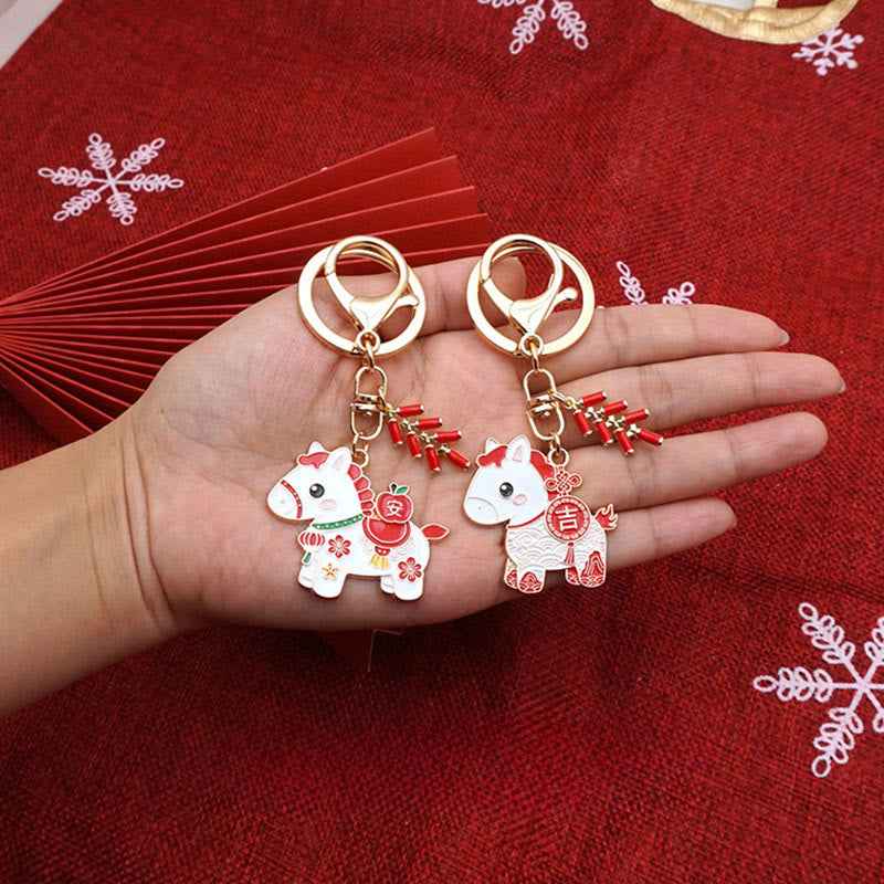Fortune Jewel "Hoping You Have a Joyful Year" Year of the Horse Ingot Red Firecrackers Alloy Key Chain Includes Gift Message Card