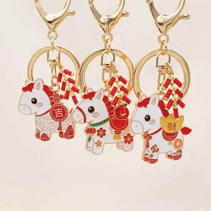 Fortune Jewel "Hoping You Have a Joyful Year" Year of the Horse Ingot Red Firecrackers Alloy Key Chain Includes Gift Message Card