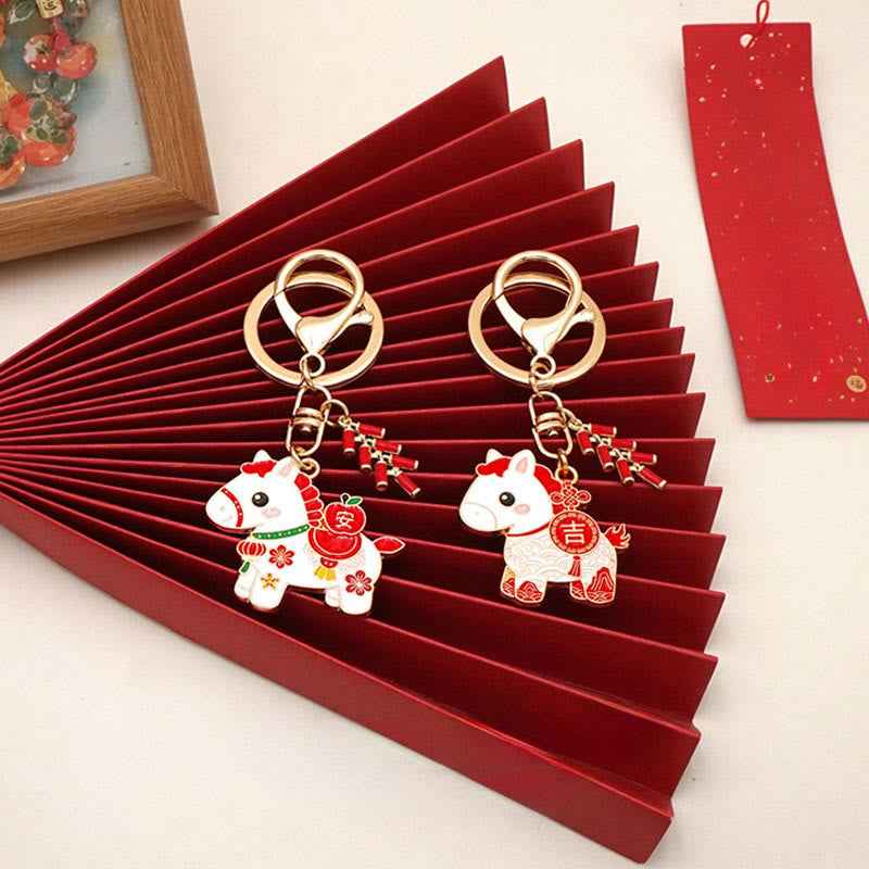Fortune Jewel "Hoping You Have a Joyful Year" Year of the Horse Ingot Red Firecrackers Alloy Key Chain Includes Gift Message Card