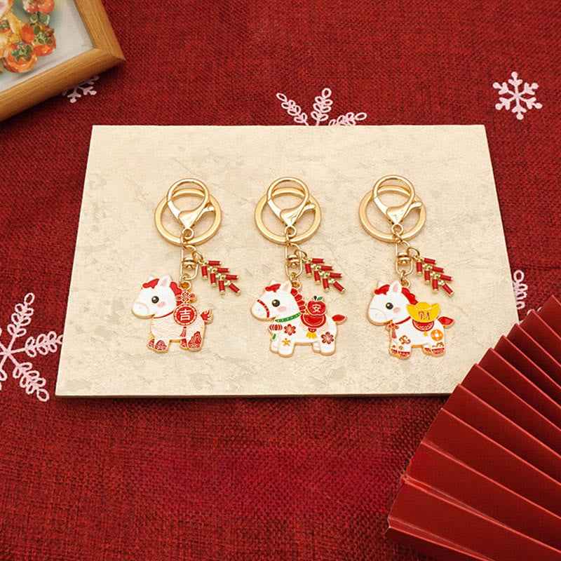Fortune Jewel "Hoping You Have a Joyful Year" Year of the Horse Ingot Red Firecrackers Alloy Key Chain Includes Gift Message Card