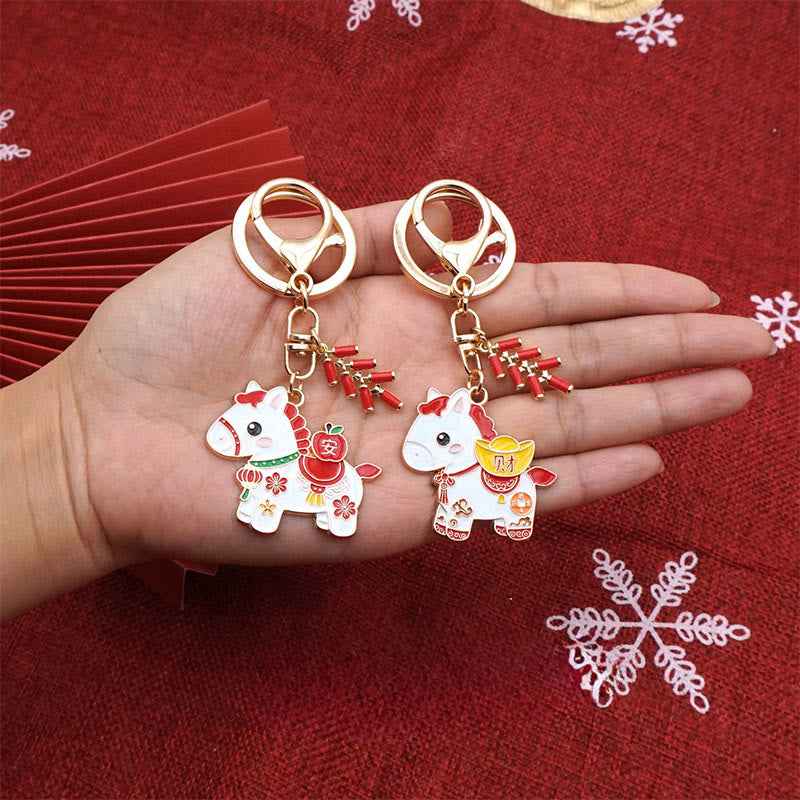 Fortune Jewel "Hoping You Have a Joyful Year" Year of the Horse Ingot Red Firecrackers Alloy Key Chain Includes Gift Message Card