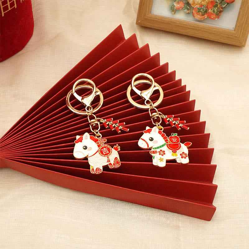 Fortune Jewel "Hoping You Have a Joyful Year" Year of the Horse Ingot Red Firecrackers Alloy Key Chain Includes Gift Message Card
