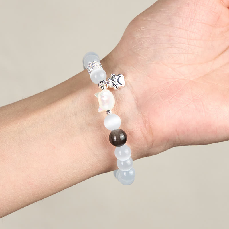 Fortune Jewel Cat Head White Cat's Eye Silver Sheen Obsidian Positive Bracelet - Fortune Jewel