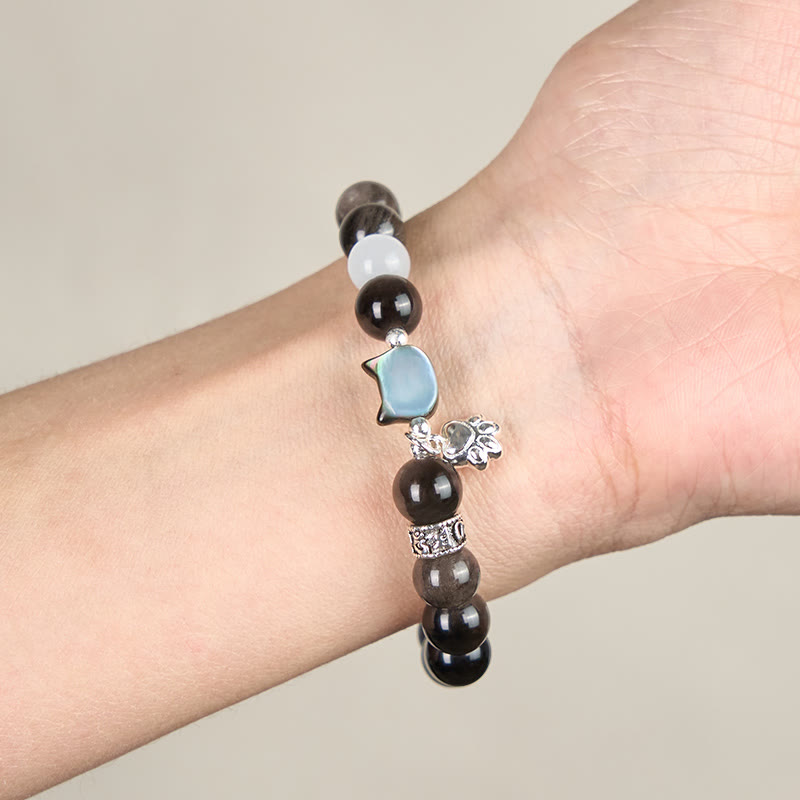 Fortune Jewel Cat Head White Cat's Eye Silver Sheen Obsidian Positive Bracelet - Fortune Jewel