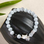 Fortune Jewel Cat Head White Cat's Eye Silver Sheen Obsidian Positive Bracelet - Fortune Jewel