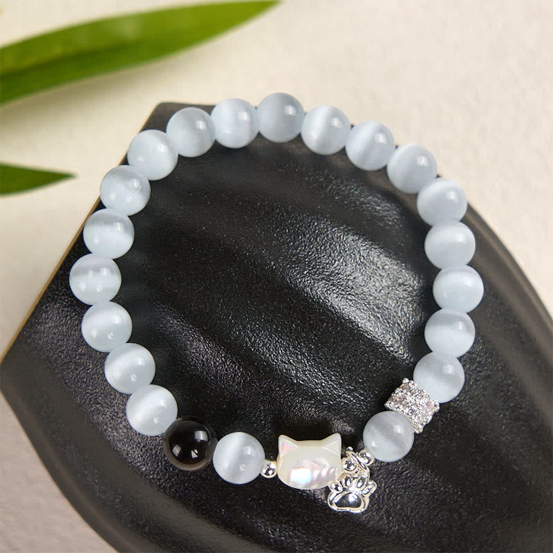 Fortune Jewel Cat Head White Cat's Eye Silver Sheen Obsidian Positive Bracelet - Fortune Jewel