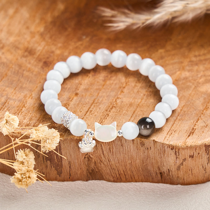 Fortune Jewel Cat Head White Cat's Eye Silver Sheen Obsidian Positive Bracelet - Fortune Jewel