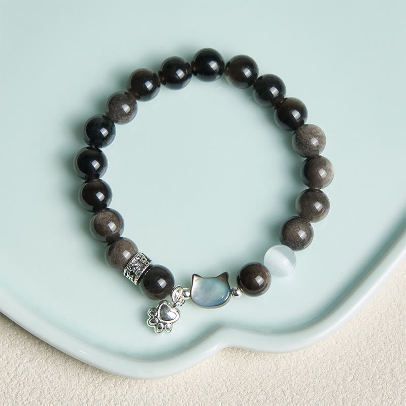 Fortune Jewel Cat Head White Cat's Eye Silver Sheen Obsidian Positive Bracelet - Fortune Jewel