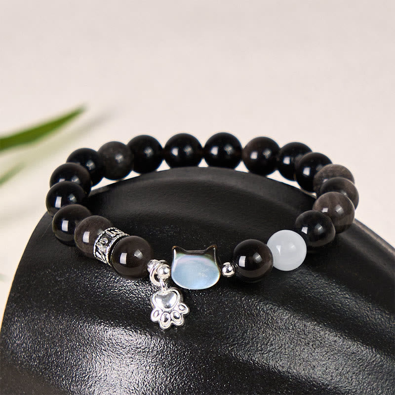 Fortune Jewel Cat Head White Cat's Eye Silver Sheen Obsidian Positive Bracelet - Fortune Jewel