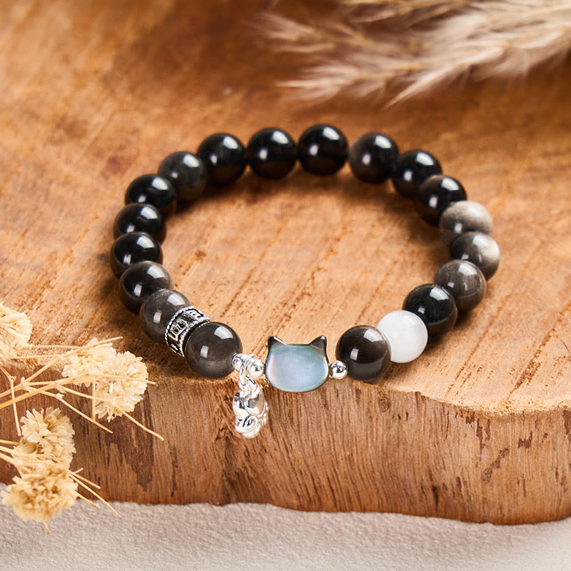 Fortune Jewel Cat Head White Cat's Eye Silver Sheen Obsidian Positive Bracelet - Fortune Jewel