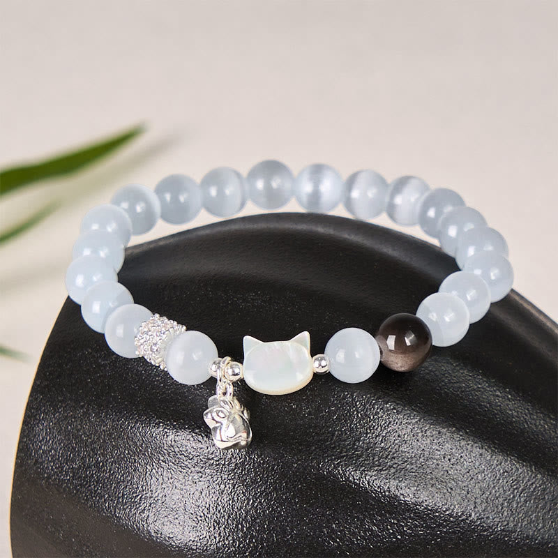 Fortune Jewel Cat Head White Cat's Eye Silver Sheen Obsidian Positive Bracelet - Fortune Jewel