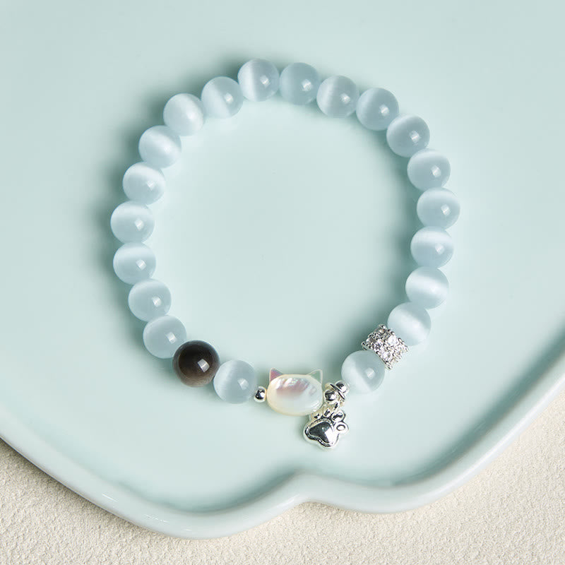 Fortune Jewel Cat Head White Cat's Eye Silver Sheen Obsidian Positive Bracelet - Fortune Jewel