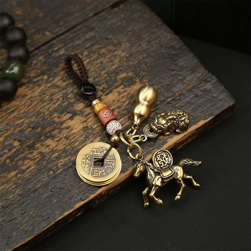 Fortune Jewel Year Of The Horse Copper Brass Five-emperor Coins Pixiu Ward Off Evil Spirits Key Chain - Fortune Jewel