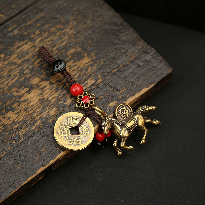 Fortune Jewel Year Of The Horse Copper Brass Five-emperor Coins Pixiu Ward Off Evil Spirits Key Chain - Fortune Jewel