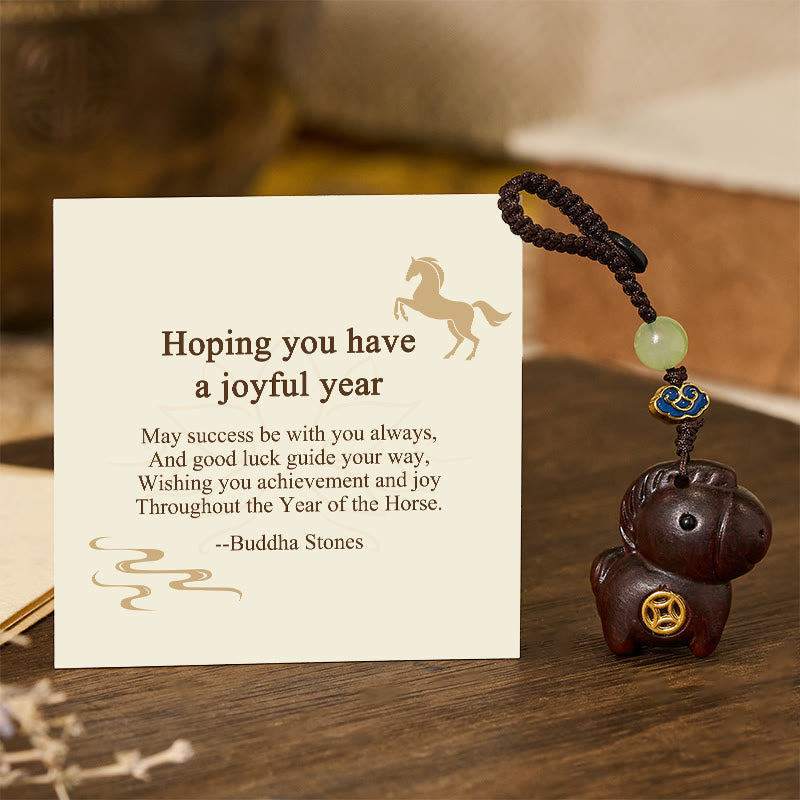 Fortune Jewel "Hoping You Have a Joyful Year" Year of the Horse Rainbow Eucalyptus Small Leaf Red Sandalwood Key Chain Includes Gift Message Card - Fortune Jewel